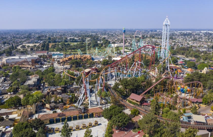 BUEANA PARK CA OCTOBER 20, 2020 - Aerial view of the closed Knott's Berry Farm theme park in Buena Park, Tuesday, Oct. 20, 2020. Protocols announced Tuesday allow a large theme park to reopen once coronavirus transmission in its home county falls enough for the county to reach Tier 4 - the state's least restrictive designation. Orange County, home of Disneyland, Disney California Adventure Park and Knott's Berry Farm, is currently in the second-most restrictive. (Allen J. Schaben / Los Angeles Times)
