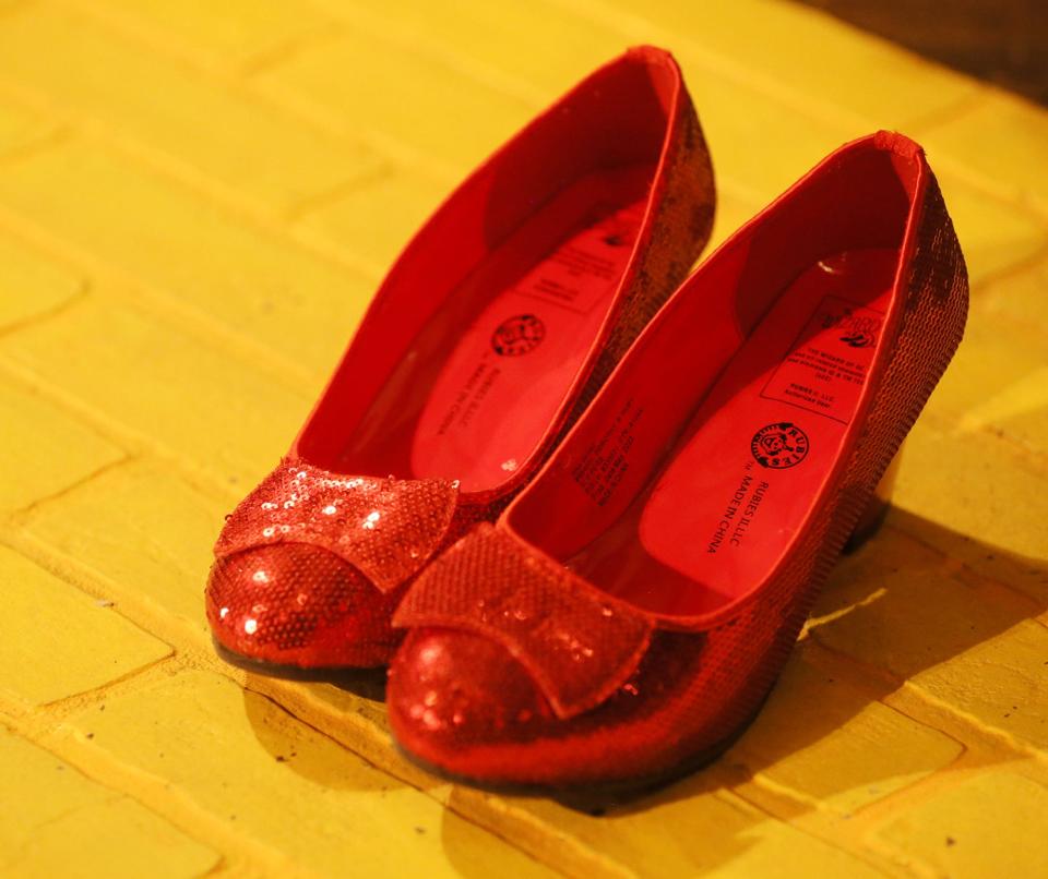 The ruby slippers are pictured on the set of Ohio Shakespeare Festival's "The Wizard of Oz" on Wednesday, April 17, 2024 in Akron.