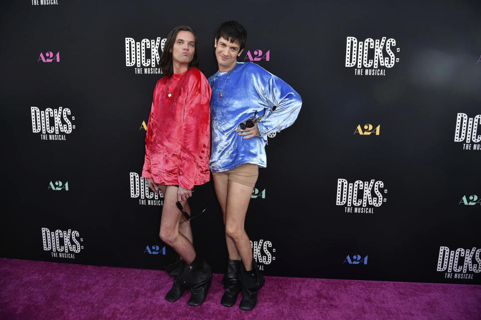 Aaron Jackson, left, and Josh Sharp arrive at the premiere of "Dicks: The Musical," Monday, Sept. 18, 2023, at the Fine Arts Theater in Beverly Hills, Calif. (Photo by Richard Shotwell/Invision/AP)