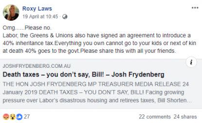 A post circulating Facebook claiming that Labor intends to introduce a "death tax". Source: AFP