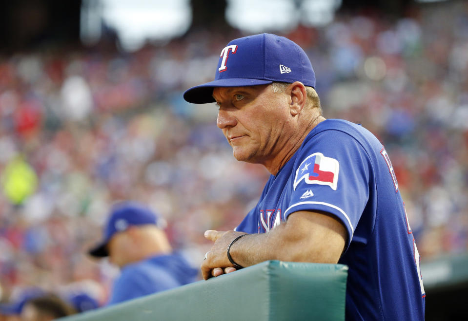 FILE - In this June 9, 2018, file photo, Texas Rangers manager Jeff Banister watches his team play against the Houston Astros during the sixth inning of a baseball game in Arlington, Texas. The Rangers fired Banister on Friday, Sept. 21, 2018. (AP Photo/Michael Ainsworth, File)