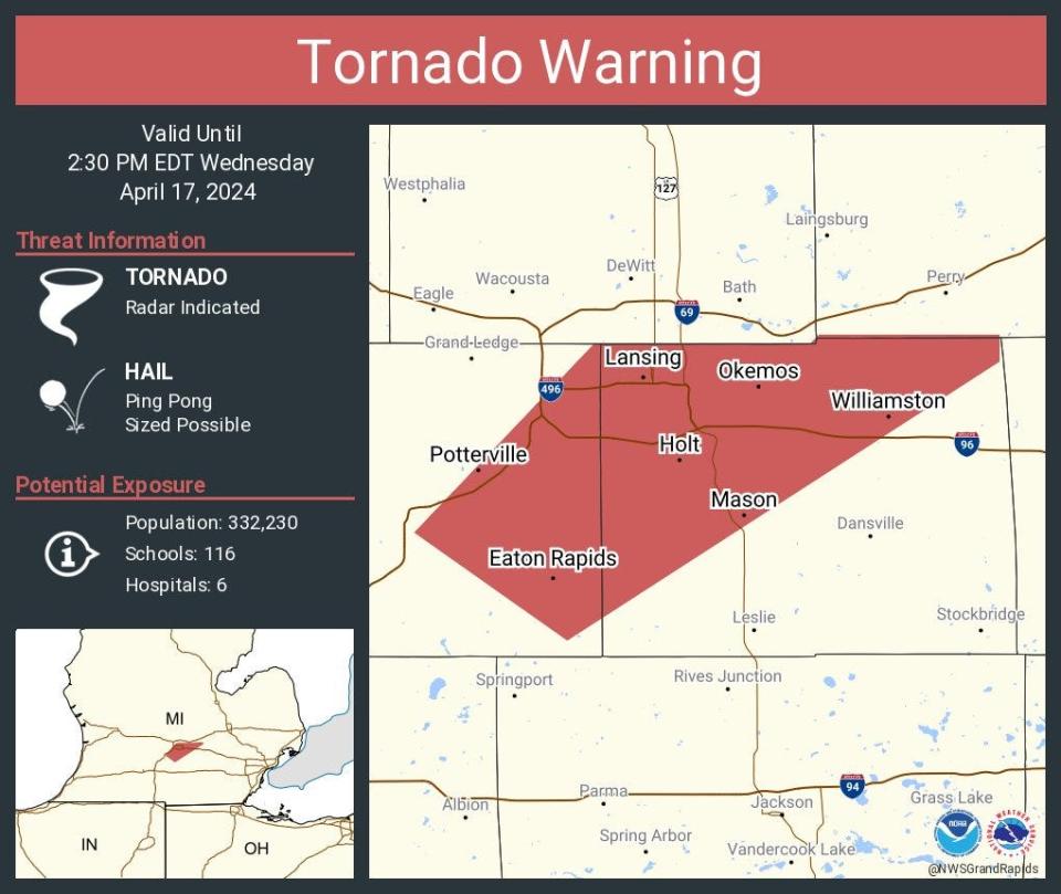 A large portion of the Lansing area is under a tornado warning until 2:30 p.m. Wednesday.