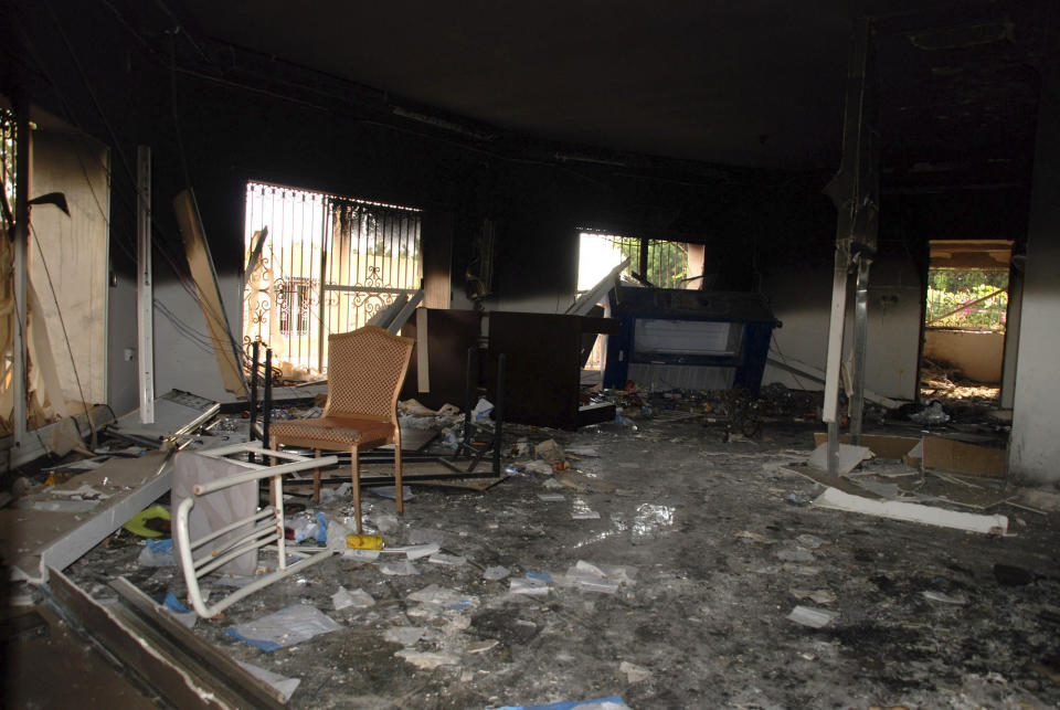 Glass, debris and overturned furniture are strewn inside a room in the gutted U.S. consulate in Benghazi, Libya, after an attack that killed four Americans, including Ambassador Chris Stevens, Wednesday, Sept. 12, 2012. (AP Photo/Ibrahim Alaguri)