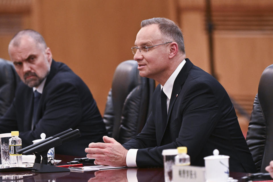 Poland's President Andrzej Duda speaks during a meeting with China's President Xi Jinping (not in picture) at the Great Hall of the People in Beijing, Monday, June 24, 2024. (Pedro Pardo/Pool Photo via AP)