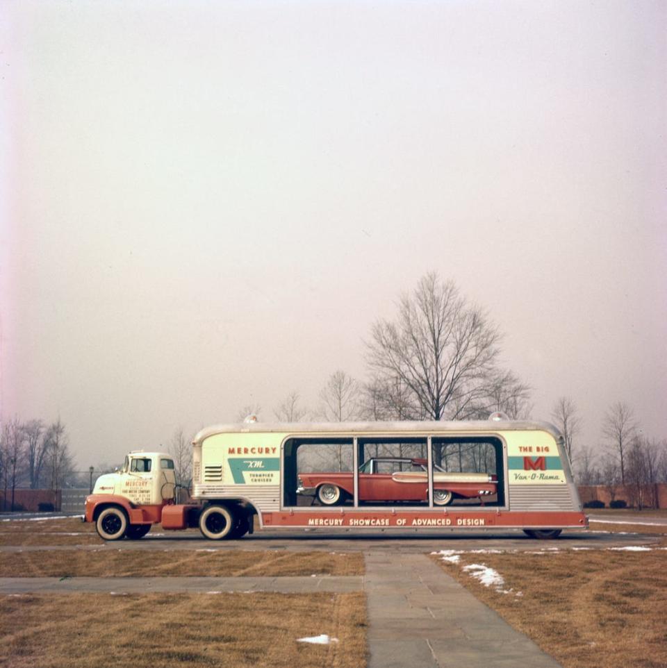 This 1956 Mercury Turnpike Cruiser and van, a showcase on wheels using a Mercury truck to haul a Mercury concept car, is among 100 concept car images that Ford Motor Co. added to its online archive site. Images are now available to the public for free downloading.