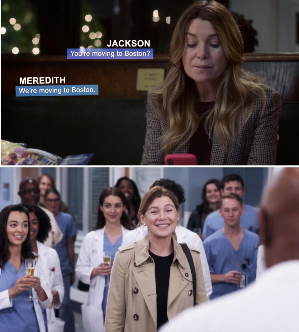 meredith texting that she's moving to boston and then saying goodbye to everyone in the hospital