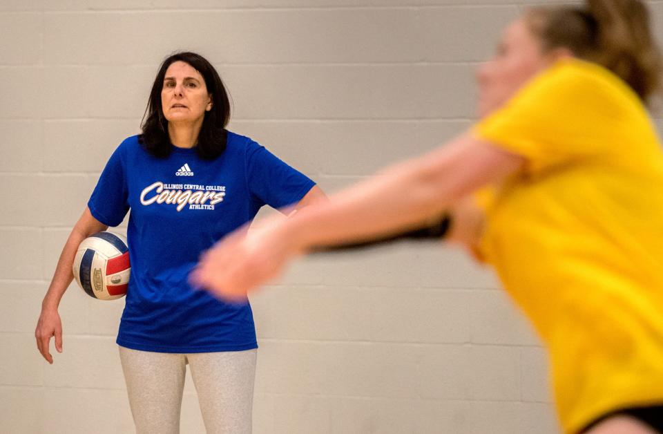 Illinois Central College volleyball coach Tracy Heffren leads her team through a recent practice at the CougarPlex in East Peoria.