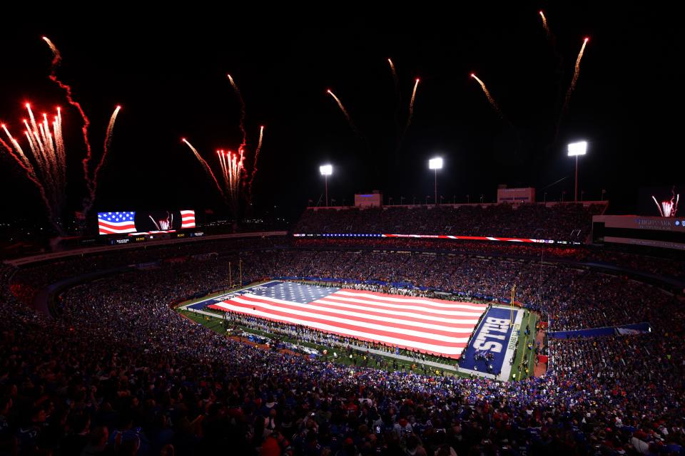 ORCHARD PARK, NEW YORK - NOVEMBER 13: A general view during the national anthem prior to a game between the Denver Broncos and Buffalo Bills at Highmark Stadium on November 13, 2023 in Orchard Park, New York. (Photo by Bryan M. Bennett/Getty Images)
