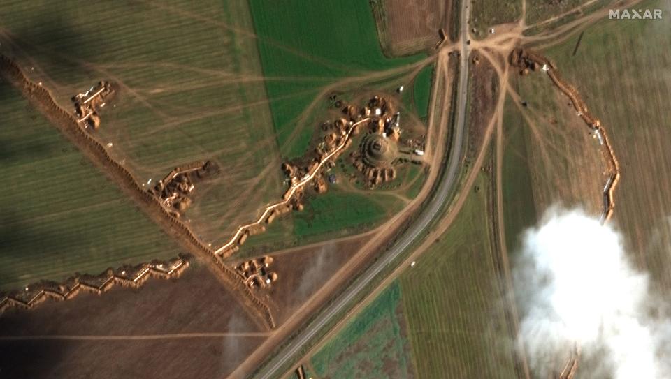 Close-up view of Russian defensive positions in Novotroitsky, Ukraine, captured on November 15, 2022.