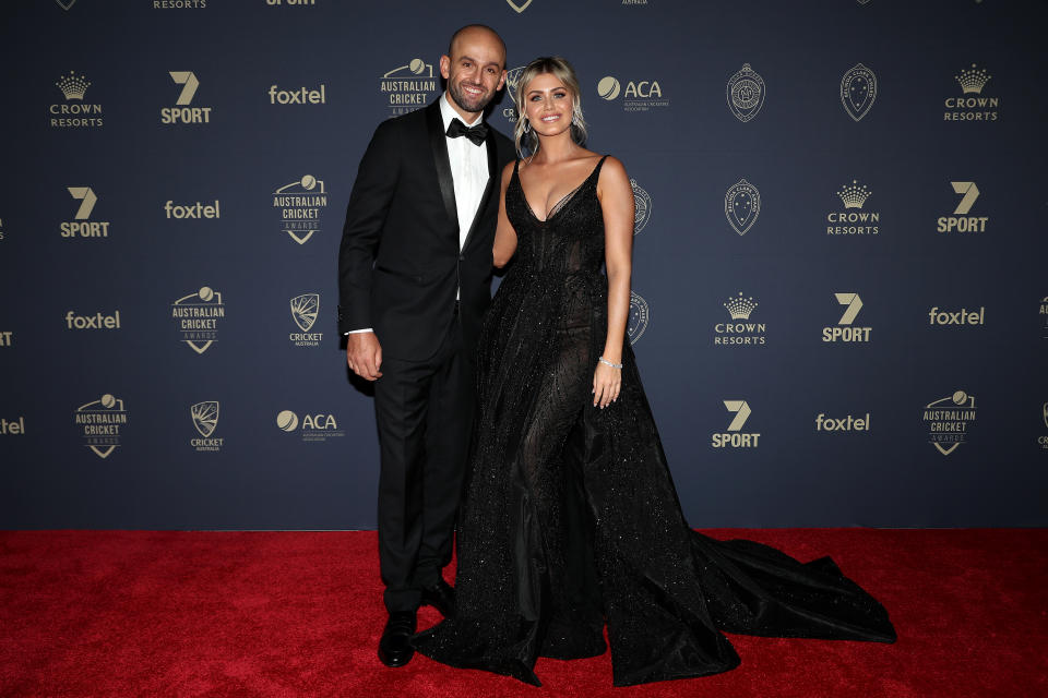 Nathan Lyon and partner Emma McCarthy, pictured here at the 2020 Cricket Australia Awards.