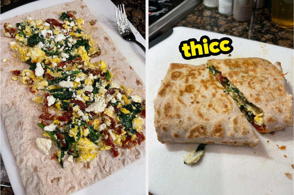 Image of a homemade wrap before and after being cooked, with the word "thicc" indicating a thick filling