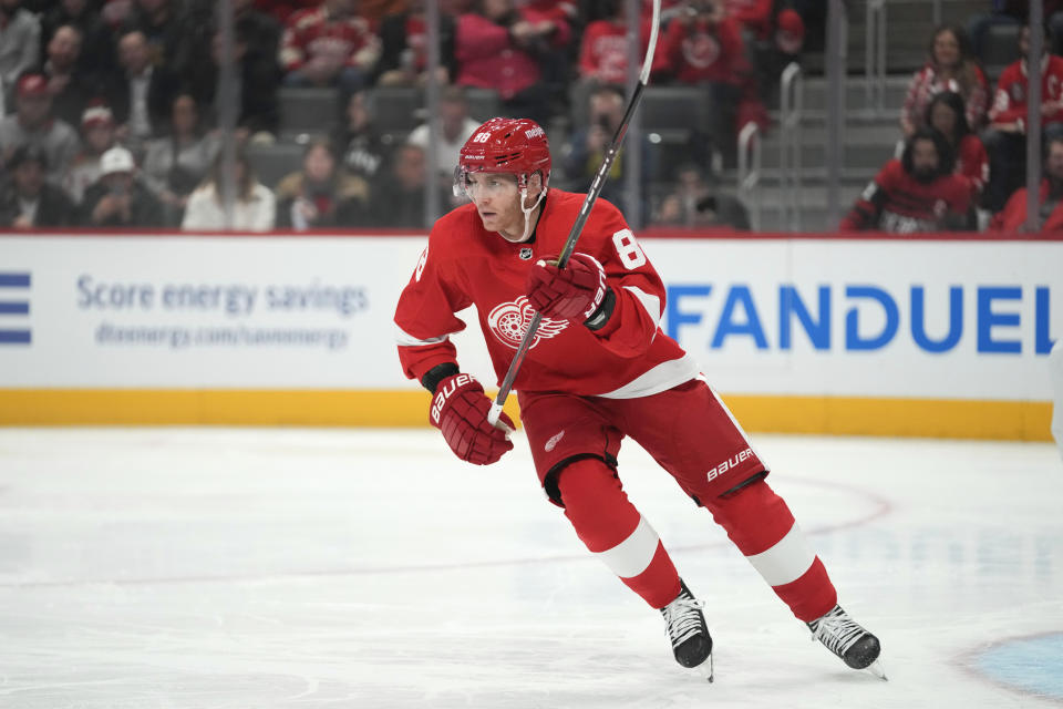 Detroit Red Wings right wing Patrick Kane (88) plays against the San Jose Sharks in the first period of an NHL hockey game Thursday, Dec. 7, 2023, in Detroit. (AP Photo/Paul Sancya)