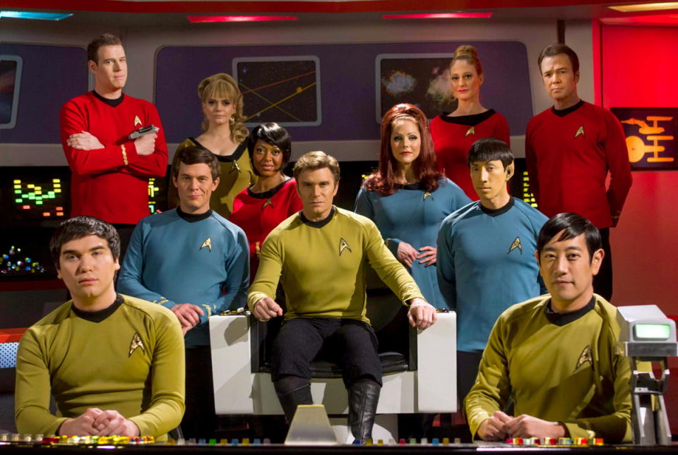 The crew of “Star Trek Continues” poses on the bridge of the starship Enterprise. The web series seeks to pick up where the five year mission of the original “Star Trek” series left off.