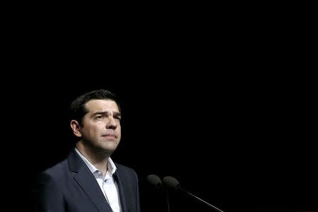 Greek Prime Minister Alexis Tsipras looks on during his speech at the annual conference of the Hellenic Federation of Enterprises in Athens, Greece in this May 18, 2015 file photo. REUTERS/Alkis Konstantinidis/Files