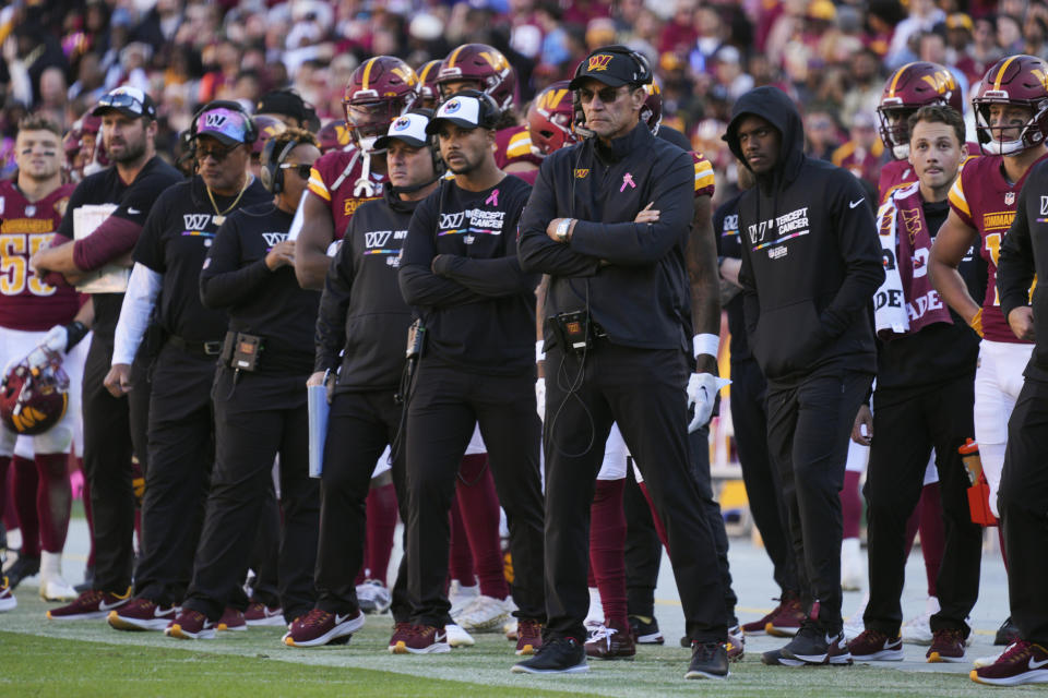 Washington Commanders head coach Ron Rivera stands on the sideline in the second half of an NFL football game against the Tennessee Titans, Sunday, Oct. 9, 2022, in Landover, Md. (AP Photo/Jess Rapfogel)