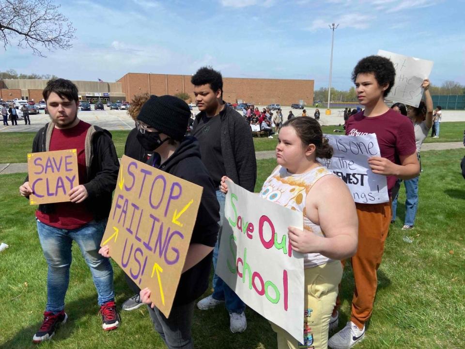 Clay High School students staged a peaceful walkout of classes Thursday, April 20, 2023, in protest of the South Bend school board's decision to close the school after 2023-24 academic year.