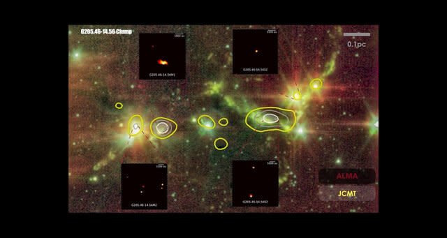 A long-wavelength map of dark gas clouds in Orion using JCMT (yellow contours)