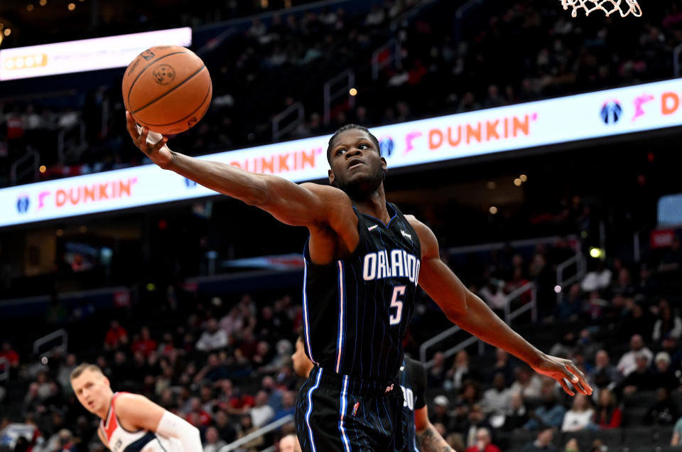 Mo Bamba of the Orlando Magic grabs a rebound against the Washington Wizards at Capital One Arena on March 30, 2022 in Washington, DC.