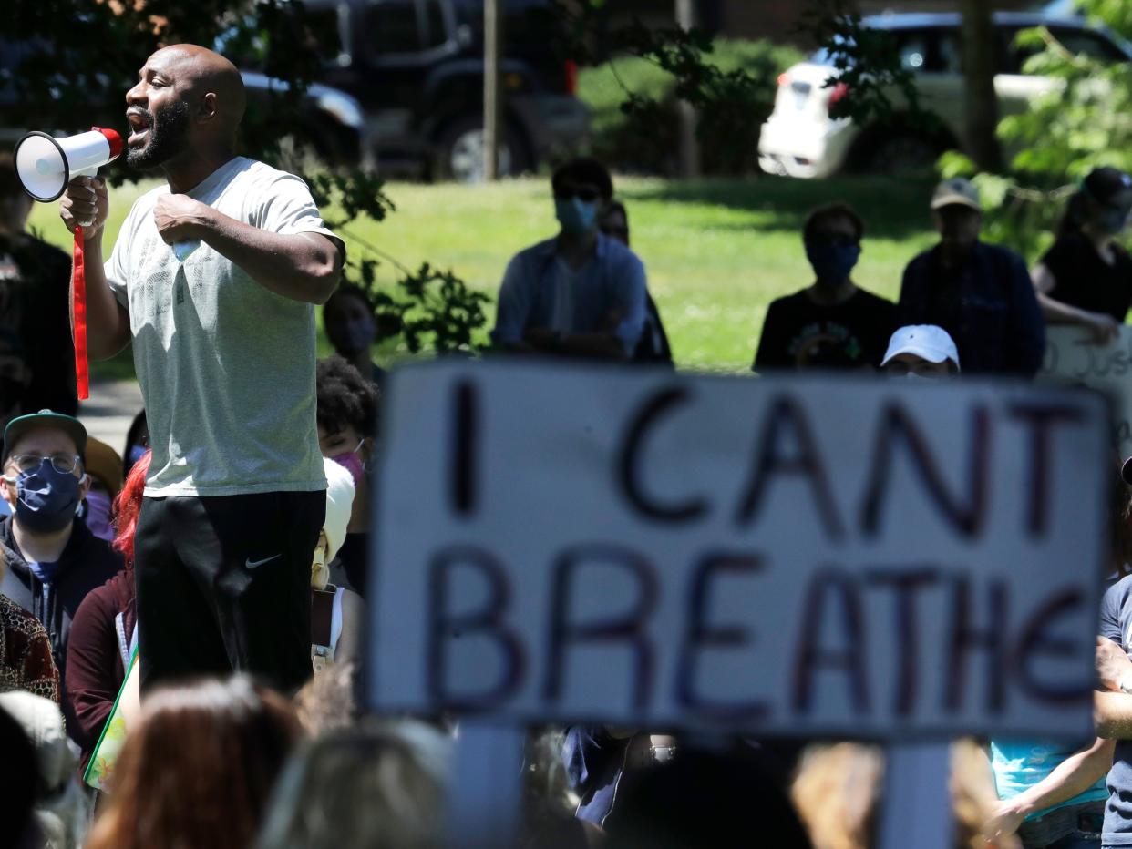 Monday, June 1, 2020, in Tacoma, Wash., during a protest against police brutality and the death of George Floyd, a black man who was killed by police after being restrained by Minneapolis police officers on May 25. (AP Photo:Ted S. Warren)