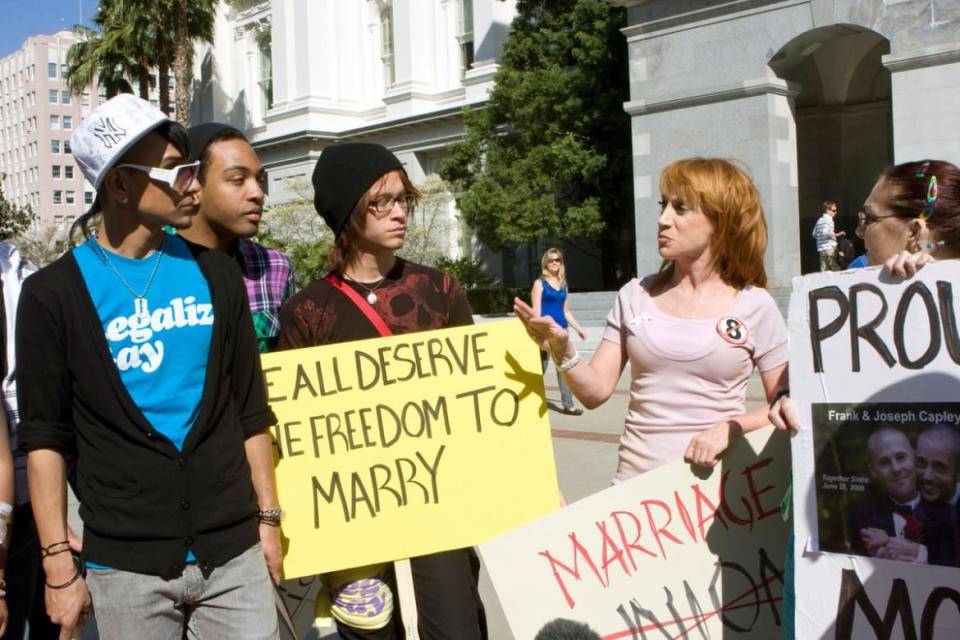 Kathy Griffin talks to pro-gay marriage protesters in a still from ‘Kathy Griffin: My Life on the D-List’
