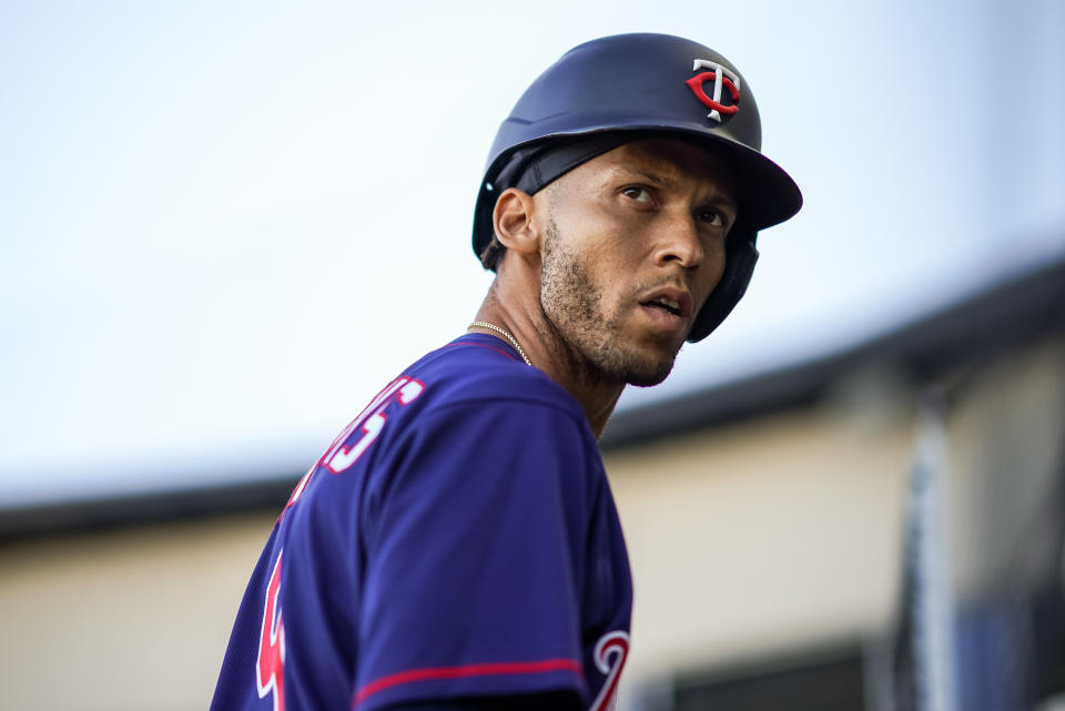 NORTH PORT, FL- MARCH 19: Andrelton Simmons #9 of the Minnesota Twins looks on during a spring training game against the Atlanta Braves on March 19, 2021 at CoolToday Park in North Port, Florida. (Photo by Brace Hemmelgarn/Minnesota Twins/Getty Images)