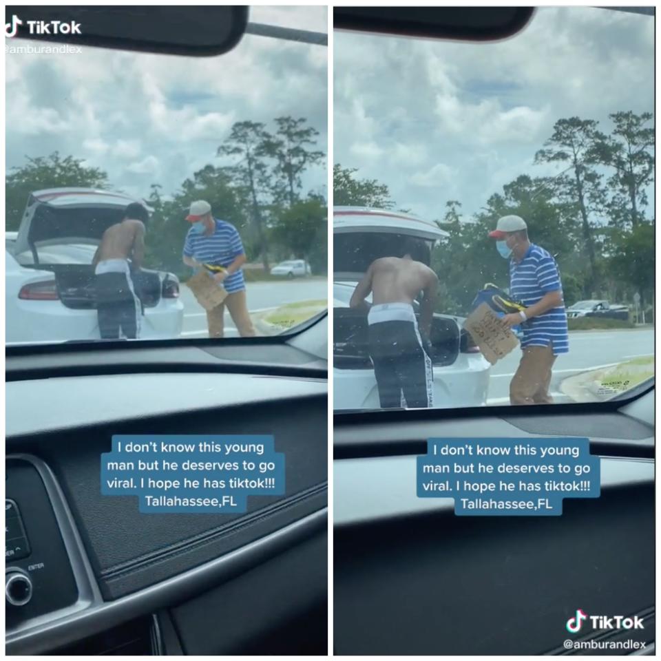 TikTok screenshots show a shirtless college student, Jabari Richardson, reaching into his car's trunk and handing a man his belongings.