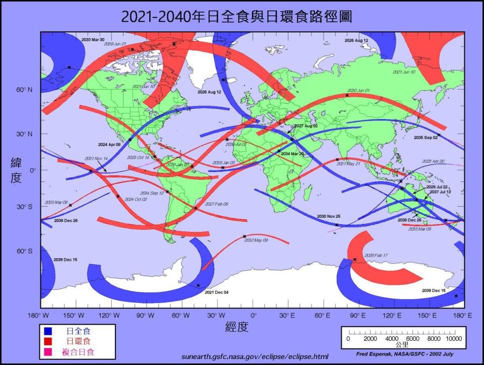 2021至2040日食路徑圖。（台北市立天文館提供）