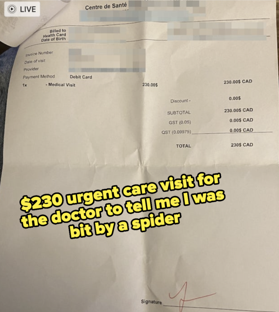 A medical bill for a $230 CAD urgent care visit, showing a discount and taxes, with a caption reading: "$230 urgent care visit for the doctor to tell me I was bit by a spider."