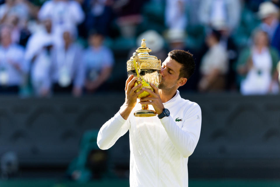 Novak Djokovic (pictured) kisses the Wimbledon trophy after the final.