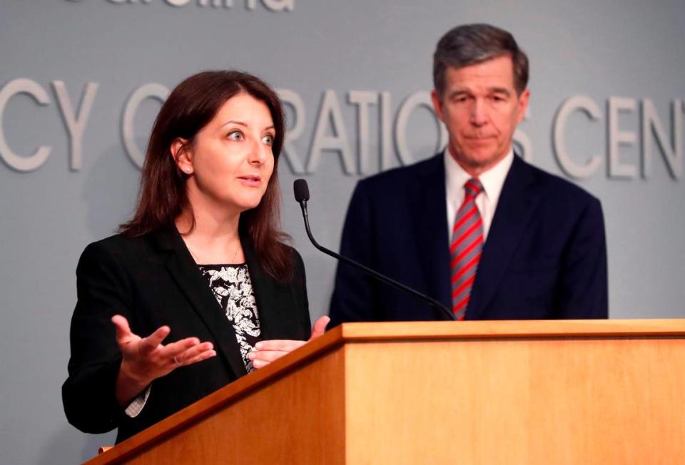 Dr. Mandy Cohen, secretary of the state Department of Health and Human Services, answers a question during a briefing on the coronavirus pandemic at the Emergency Operations Center in Raleigh, N.C., Tuesday, May 26, 2020.