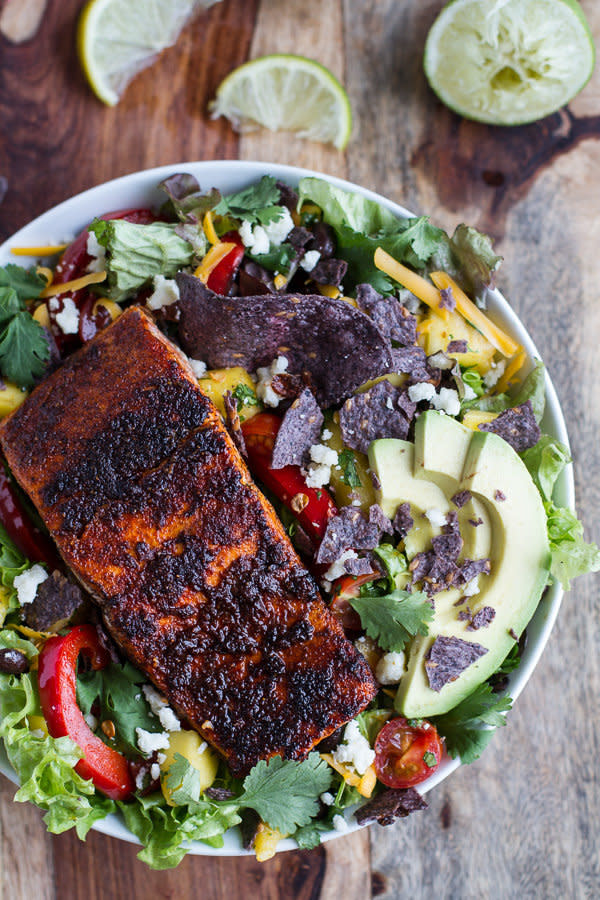 <strong>Get the <a href="http://www.halfbakedharvest.com/chile-lime-salmon-fajita-salad-cilantro-lime-vinaigrette/" target="_blank">Chile Lime Salmon Fajita Salad with Cilantro Lime Vinaigrette recipe</a> from Half Baked Harvest</strong>