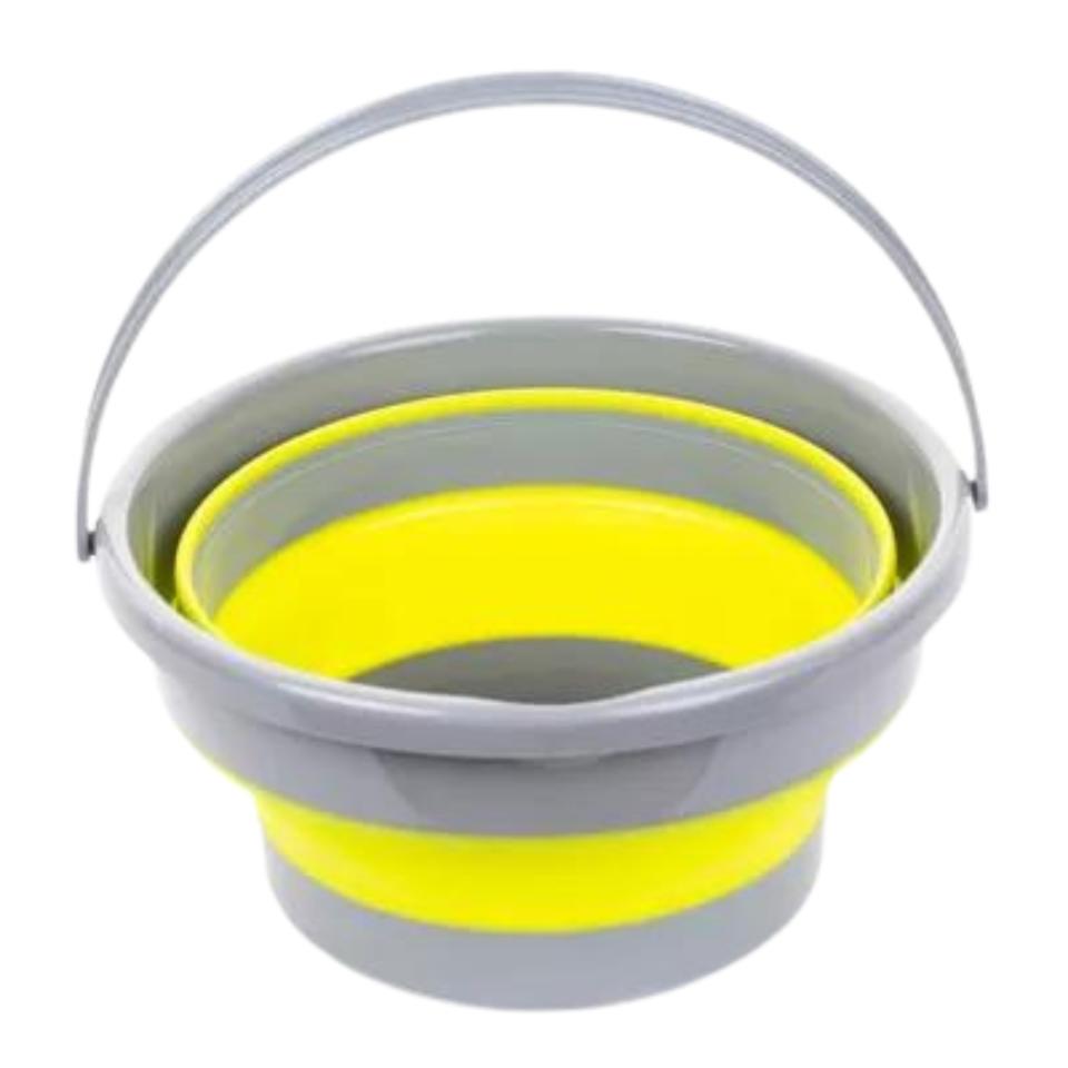 Yello and gray horizontally striped bucket with gray stiff handle