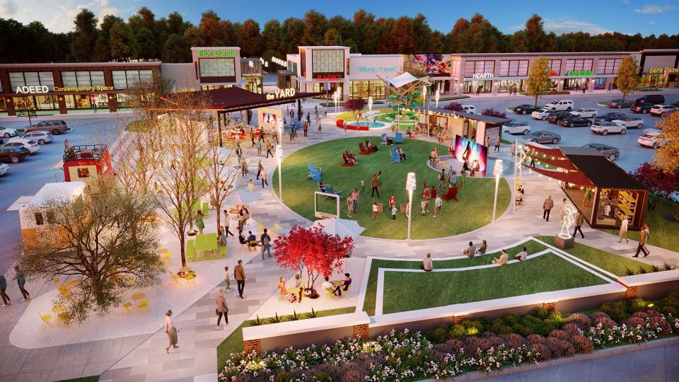 The new Tanger Factory Outlets center coming to the Century Farms development in Antioch will be built around a public green space as depicted in this rendering. The open-air center is expected to open in 2023.