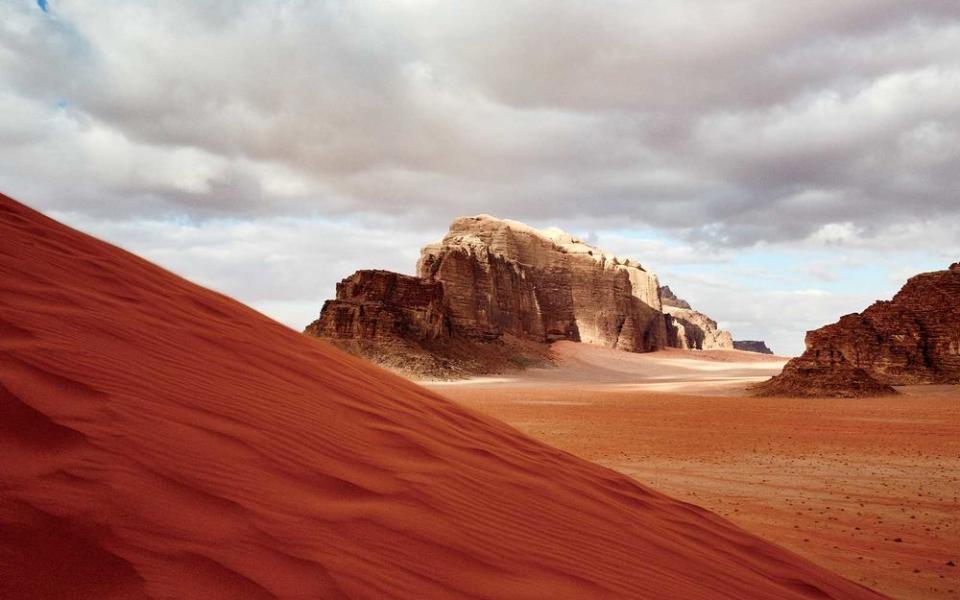 Wadi Rum, or Sand Valley, in southern Jordan. It became widely known thanks to the writings of British officer and archaeologist T. E. Lawrence, the inspiration for <em>Lawrence of Arabia</em>, which was filmed here.
