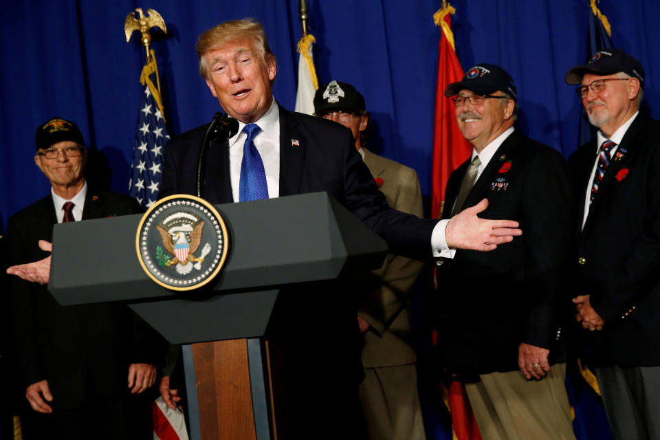 <p>President Donald Trump delivers remarks before signing a proclamation commemorating the 50th anniversary of the Vietnam War during an event with U.S. military veterans in Danang, Vietnam, Nov. 10, 2017. (Photo: Jonathan Ernst/Reuters) </p>