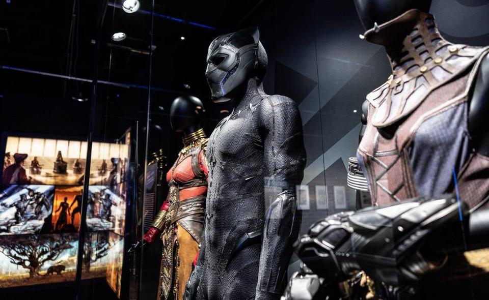 “Black Panther” costumes are among the 300 original Marvel artifacts at the new Discovery Place exhibit.