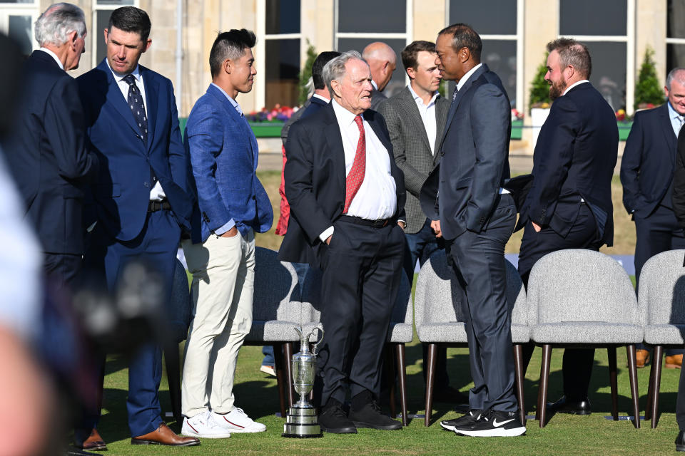 Collin Morikawa, Jack Nicklaus and Tiger Woods at the British Open