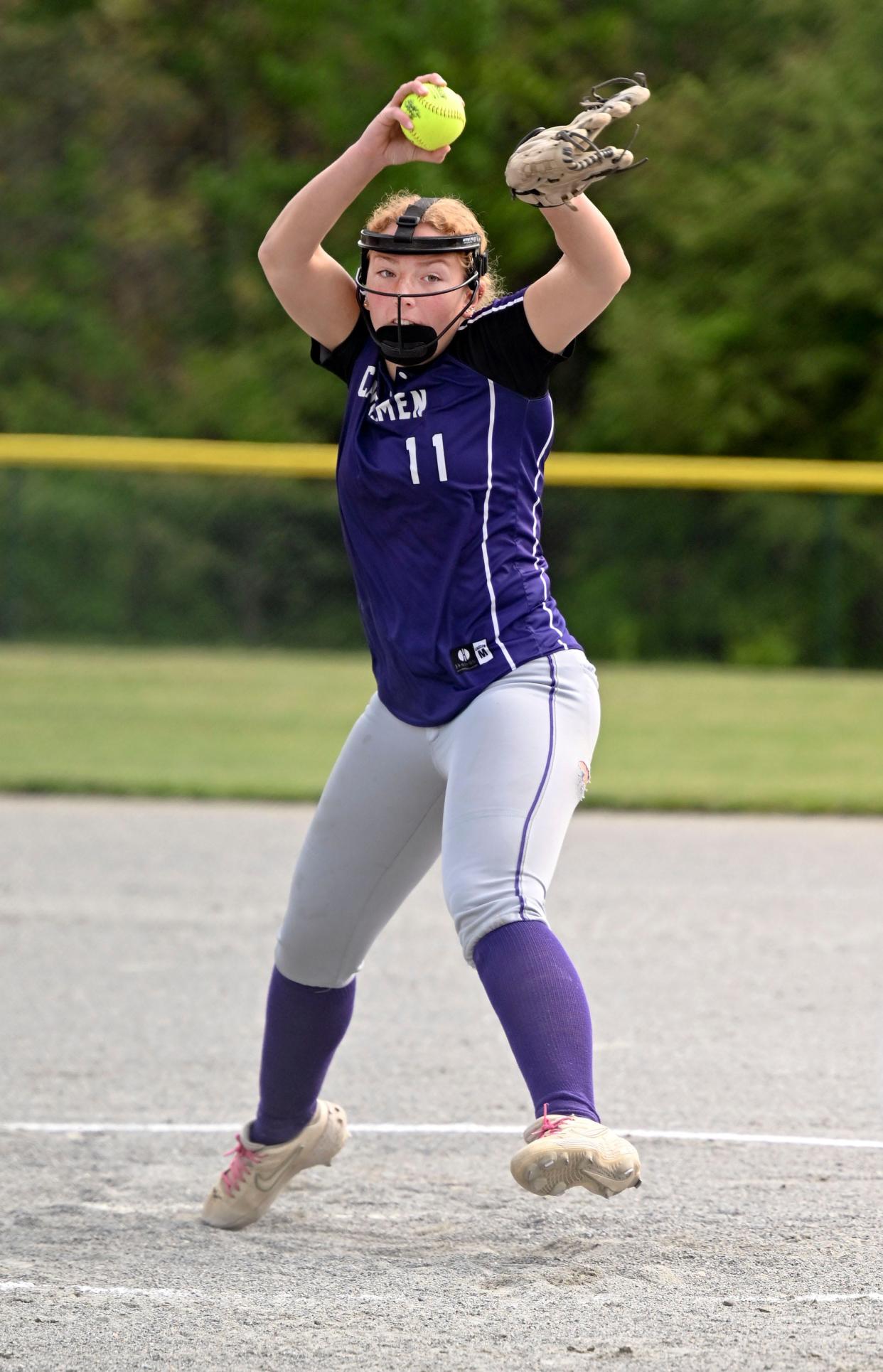 Bourne pitcher Jadyn Morrell winds up to throw.