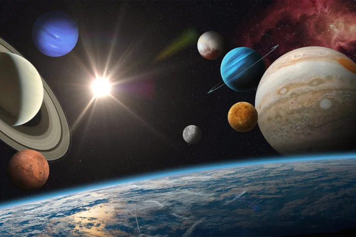 Earth and solar system planets, sun and star. Sun, Mercury, Venus, Earth, Mars, Jupiter, Saturn, Uranus, Neptune, Pluto. Sci-fi background. Elements of this image furnished by NASA. ______ Url(s): https://photojournal.jpl.nasa.gov/catalog/PIA00271 https://photojournal.jpl.nasa.gov/jpeg/PIA15160.jpg https://images.nasa.gov/details-PIA01492 https://solarsystem.nasa.gov/resources/17549/saturn-mosaic-ian-regan https://images.nasa.gov/details-PIA21061 https://mars.nasa.gov/resources/6453/valles-marineris-hemisphere-enhanced/ https://images.nasa.gov/details-PIA23121 https://images.nasa.gov/details-PIA22946 https://www.nasa.gov/image-feature/good-morning-from-the-international-space-station-1 Software: Adobe Photoshop CC 2015. Knoll light factory. Adobe After Effects CC 2017.