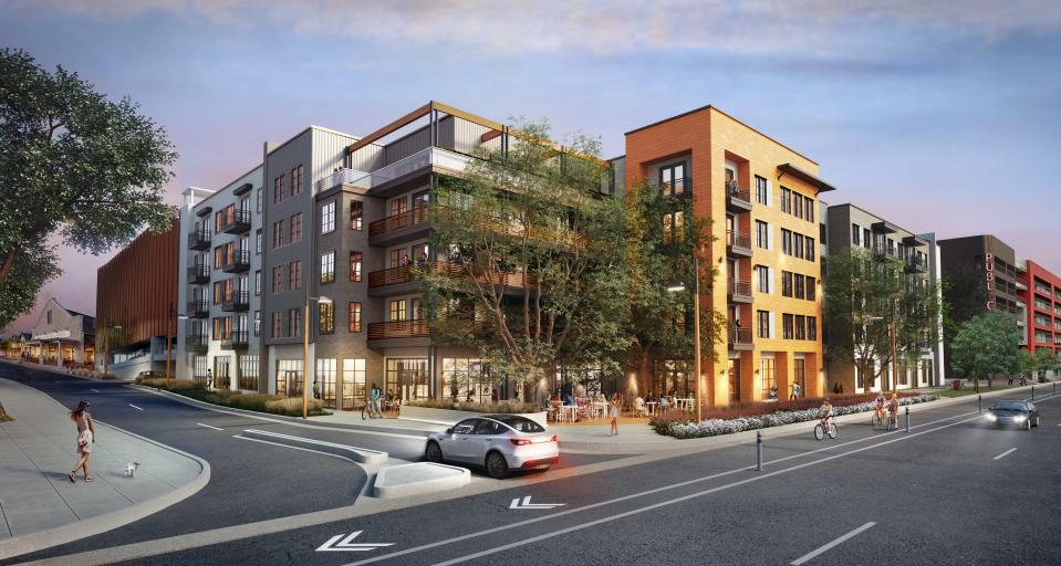 The five-story Bishop Momo project has broken ground in the St. Elmo District. It will have 274 studio, one-bedroom and two-bedroom apartment units, along with retail space.