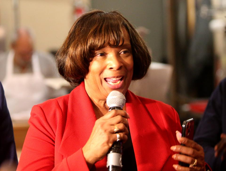 South Bend Common Council At-Large member Karen White speaks to supporters Tuesday, Nov. 7, 2023, at the Democratic gathering at Corby’s in South Bend.