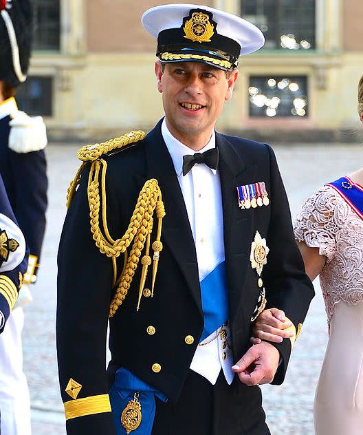 Prince Edward, Earl of Wessex and Sophie, Countess of Wessex on the way to the castle church at the Royal Palace in Stockholm before the wedding between Princess Madeleine and Christopher O'Neill June 8, 2013. An unidentified colonel in the mess uniform o