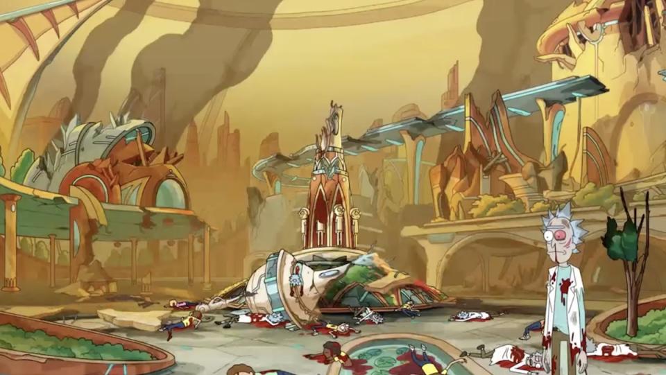 A destroyed Citadel full of bodies and one injured Rick standing in the forefront