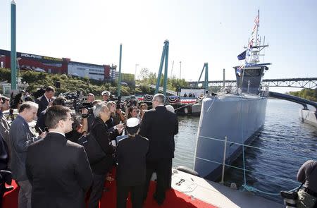 The autonomous ship "Sea Hunter", developed by DARPA, is shown docked in Portland, Oregon after its christening ceremony, April 7, 2016. REUTERS/Steve Dipaola