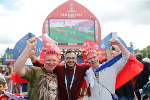 Russia supporters pictured during the visit of their team to a Moscow fan zone on July 8, 2018