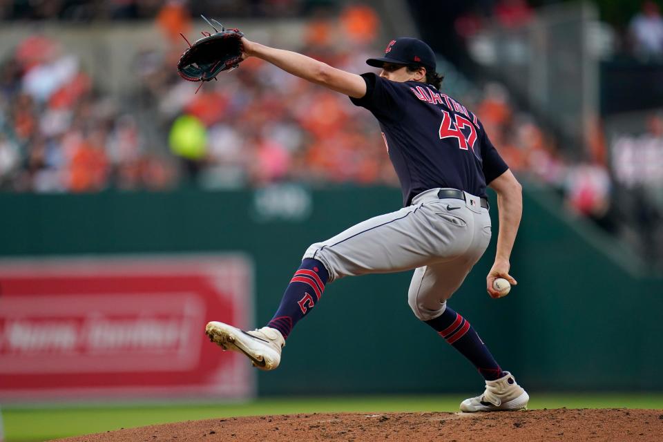 Cleveland Guardians starting pitcher Cal Quantrill throws a pitch to the Baltimore Orioles on Tuesday in Baltimore.