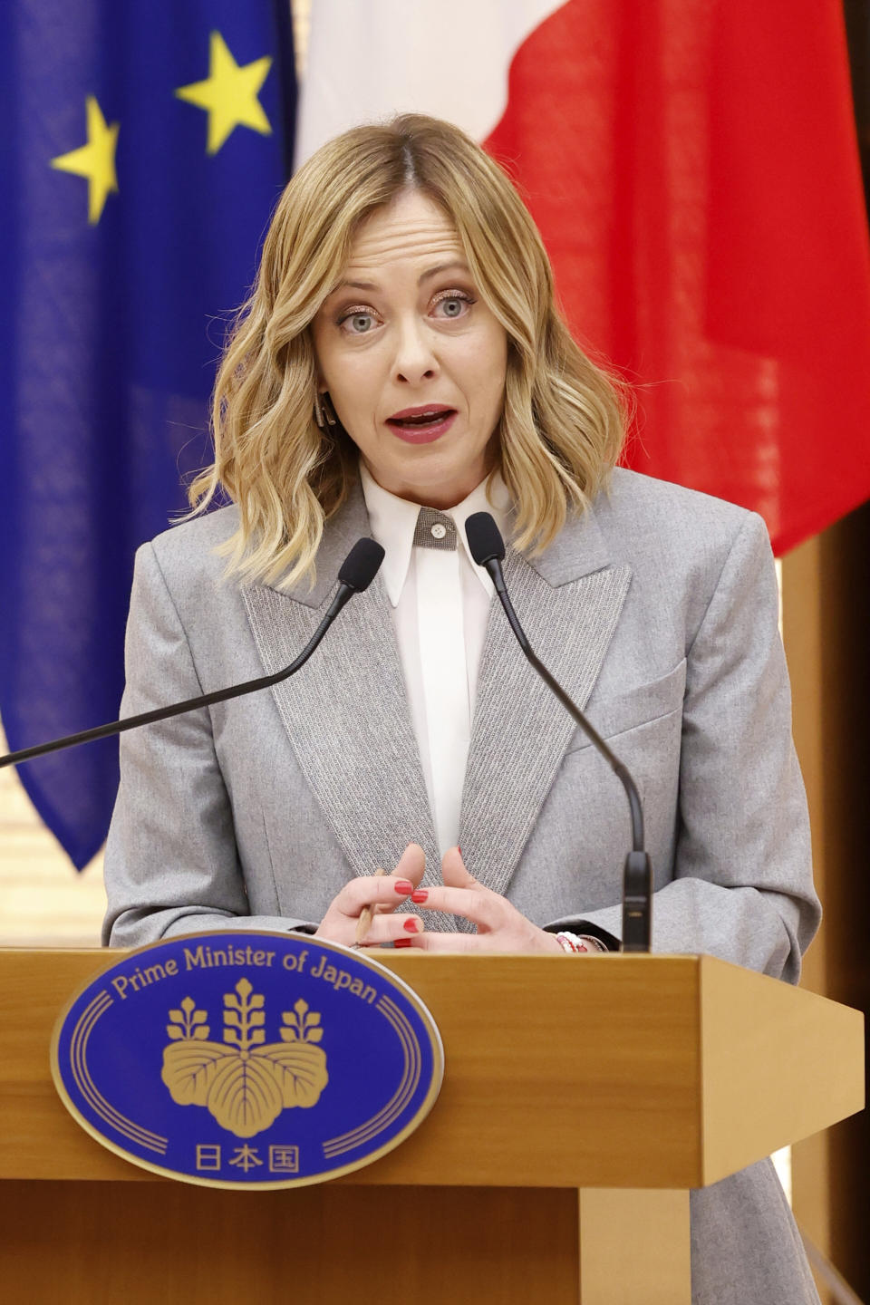 Italian Premier Giorgia Meloni speaks during a Japan-Italy bilateral meeting at the Japan's prime minister office in Tokyo, Monday, Feb. 5, 2024. (Rodrigo Reyes Marin, Pool via AP)