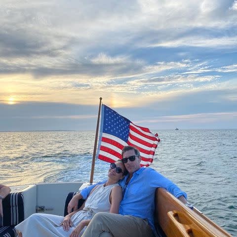 <p>Christy Turlington Instagram</p> Christy Turlington and Edward Burns on a boat in 2021.