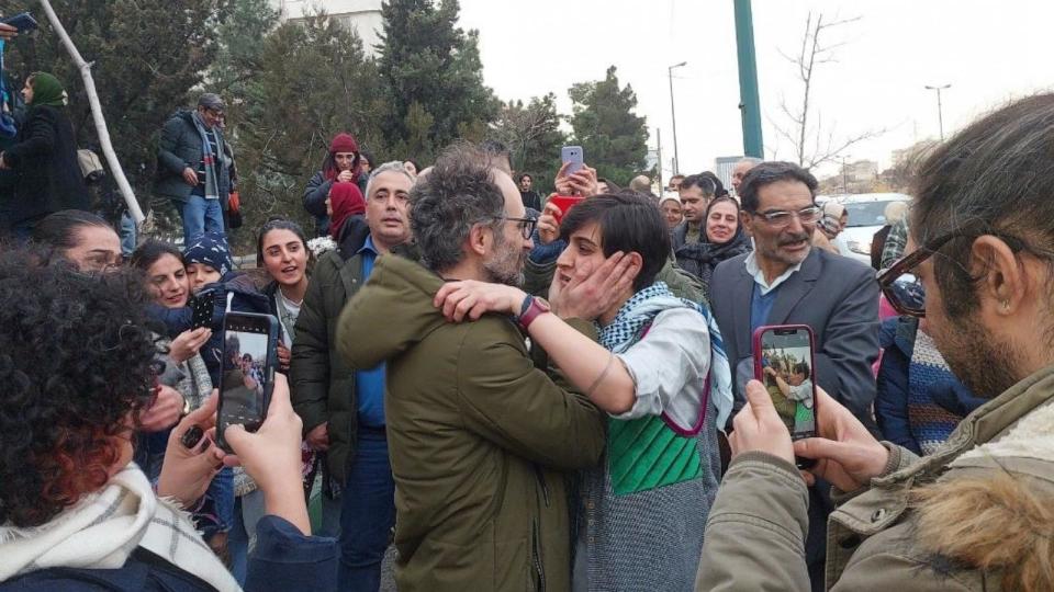 PHOTO: Elahe Mohammadi hugging her husband after being released from Evin Prison in Tehran, Jan. 14, 2024. (ABC News)