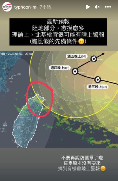 台灣颱風論壇指出，北基桃宜很可能有陸上警報。（圖／翻攝自「台灣颱風論壇｜天氣特急」IG）